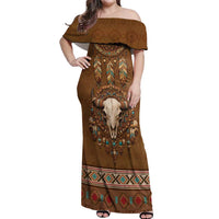 Bison Native American Off Shoulder Maxi Dress Tribal Feather Dreamcatcher Boho Style