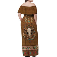 Bison Native American Off Shoulder Maxi Dress Tribal Feather Dreamcatcher Boho Style