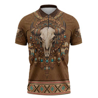 Bison Native American Zipper Polo Shirt Tribal Feather Dreamcatcher Boho Style