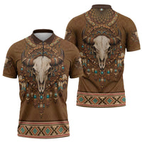 Bison Native American Zipper Polo Shirt Tribal Feather Dreamcatcher Boho Style