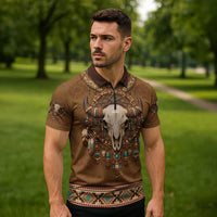 Bison Native American Zipper Polo Shirt Tribal Feather Dreamcatcher Boho Style