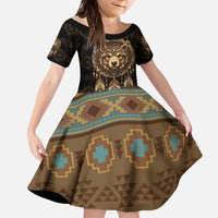 Bear Native American Kid Short Sleeve Dress Tribal Feather Dreamcatcher Boho Style