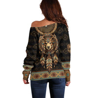 Bear Native American Off Shoulder Sweater Tribal Feather Dreamcatcher Boho Style