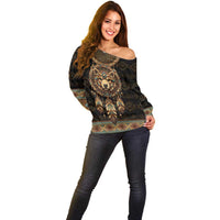 Bear Native American Off Shoulder Sweater Tribal Feather Dreamcatcher Boho Style