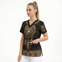 Bear Native American Scrub Top Tribal Feather Dreamcatcher Boho Style
