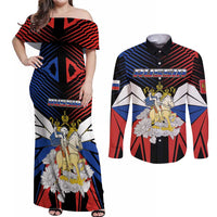 Personalized Russia Couples Matching Off Shoulder Maxi Dress and Long Sleeve Button Shirt Symbol Saint George Slaying The Dragon - Wonder Print Shop
