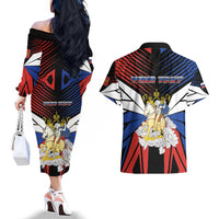 Personalized Russia Couples Matching Off The Shoulder Long Sleeve Dress and Hawaiian Shirt Symbol Saint George Slaying The Dragon - Wonder Print Shop