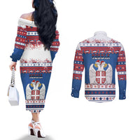 Serbia Christmas Couples Matching Off The Shoulder Long Sleeve Dress and Long Sleeve Button Shirt I Am The Serbian Elf - Wonder Print Shop