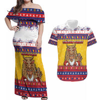 Romania Christmas Couples Matching Off Shoulder Maxi Dress and Hawaiian Shirt Romanian Masked Santa - Wonder Print Shop