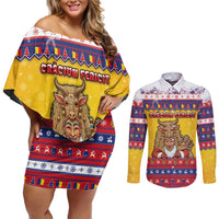 Romania Christmas Couples Matching Off Shoulder Short Dress and Long Sleeve Button Shirt Romanian Masked Santa - Wonder Print Shop