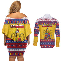 Romania Christmas Couples Matching Off Shoulder Short Dress and Long Sleeve Button Shirt Romanian Masked Santa - Wonder Print Shop