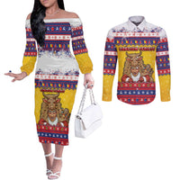 Romania Christmas Couples Matching Off The Shoulder Long Sleeve Dress and Long Sleeve Button Shirt Romanian Masked Santa - Wonder Print Shop