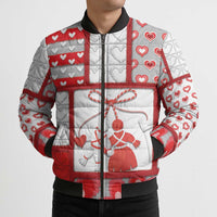 Personalized Romania Valentine's Day Bomber Puffer Jacket Martenitsi With Hearts Knitting Effect