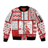 Personalized Romania Valentine's Day Sleeve Zip Bomber Jacket Martenitsi With Hearts Knitting Effect