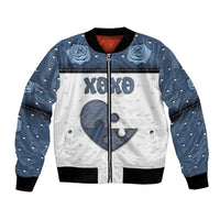 Personalized XOXO Valentine's Day Bomber Jacket Pieces Of The Heart Old Denim Fabric Effect