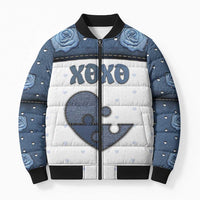 Personalized XOXO Valentine's Day Bomber Puffer Jacket Pieces Of The Heart Old Denim Fabric Effect