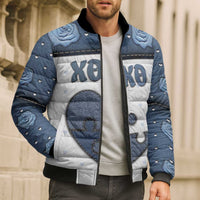 Personalized XOXO Valentine's Day Bomber Puffer Jacket Pieces Of The Heart Old Denim Fabric Effect
