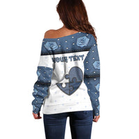 Personalized XOXO Valentine's Day Off Shoulder Sweater Pieces Of The Heart Old Denim Fabric Effect