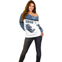 Personalized XOXO Valentine's Day Off Shoulder Sweater Pieces Of The Heart Old Denim Fabric Effect