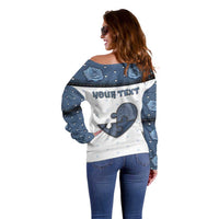 Personalized XOXO Valentine's Day Off Shoulder Sweater Pieces Of The Heart Old Denim Fabric Effect