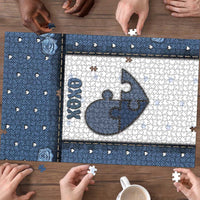 XOXO Valentine's Day Puzzle Pieces Of The Heart Old Denim Fabric Effect