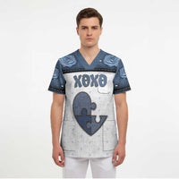 Personalized XOXO Valentine's Day Scrub Top Pieces Of The Heart Old Denim Fabric Effect