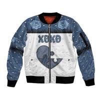Personalized XOXO Valentine's Day Sleeve Zip Bomber Jacket Pieces Of The Heart Old Denim Fabric Effect