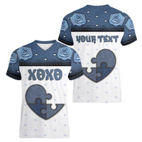 Personalized XOXO Valentine's Day Women V-Neck T-Shirt Pieces Of The Heart Old Denim Fabric Effect