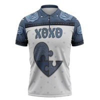 Personalized XOXO Valentine's Day Zipper Polo Shirt Pieces Of The Heart Old Denim Fabric Effect