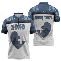 Personalized XOXO Valentine's Day Zipper Polo Shirt Pieces Of The Heart Old Denim Fabric Effect