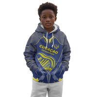 Custom Curacao Football Kid Hoodie Blue Wave Geometric Caribbean Sports Motif