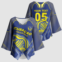 Custom Curacao Football Kimono Sleeve Blouse Blue Wave Geometric Caribbean Sports Motif