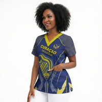 Custom Curacao Football Scrub Top Blue Wave Geometric Caribbean Sports Motif