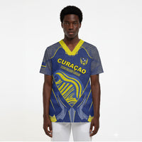 Custom Curacao Football Scrub Top Blue Wave Geometric Caribbean Sports Motif