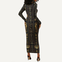 Egypt Cartouche Long Sleeve Bodycon Dress Gold Pharaoh Hieroglyphics Patterns