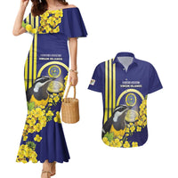 Personalized United States Virgin Islands Couples Matching Mermaid Dress and Hawaiian Shirt Bananaquit Bird With Yellow Sage Flowers - Wonder Print Shop