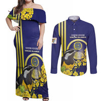 Personalized United States Virgin Islands Couples Matching Off Shoulder Maxi Dress and Long Sleeve Button Shirt Bananaquit Bird With Yellow Sage Flowers - Wonder Print Shop