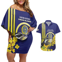 Personalized United States Virgin Islands Couples Matching Off Shoulder Short Dress and Hawaiian Shirt Bananaquit Bird With Yellow Sage Flowers - Wonder Print Shop