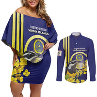 Personalized United States Virgin Islands Couples Matching Off Shoulder Short Dress and Long Sleeve Button Shirt Bananaquit Bird With Yellow Sage Flowers - Wonder Print Shop