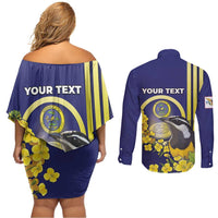 Personalized United States Virgin Islands Couples Matching Off Shoulder Short Dress and Long Sleeve Button Shirt Bananaquit Bird With Yellow Sage Flowers - Wonder Print Shop