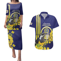 Personalized United States Virgin Islands Couples Matching Puletasi and Hawaiian Shirt Bananaquit Bird With Yellow Sage Flowers - Wonder Print Shop