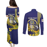 Personalized United States Virgin Islands Couples Matching Puletasi and Long Sleeve Button Shirt Bananaquit Bird With Yellow Sage Flowers - Wonder Print Shop