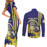 Personalized United States Virgin Islands Couples Matching Short Sleeve Bodycon Dress and Long Sleeve Button Shirt Bananaquit Bird With Yellow Sage Flowers - Wonder Print Shop