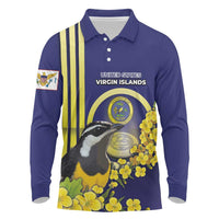 Personalized United States Virgin Islands Long Sleeve Polo Shirt Bananaquit Bird With Yellow Sage Flowers - Wonder Print Shop