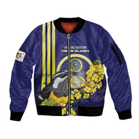 Personalized United States Virgin Islands Sleeve Zip Bomber Jacket Bananaquit Bird With Yellow Sage Flowers - Wonder Print Shop