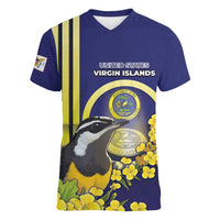 Personalized United States Virgin Islands Women V-Neck T-Shirt Bananaquit Bird With Yellow Sage Flowers - Wonder Print Shop
