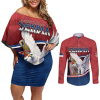 Personalized Serbia Couples Matching Off Shoulder Short Dress and Long Sleeve Button Shirt White Double Headed Eagle With Coat Of Arms - Wonder Print Shop