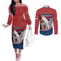 Personalized Serbia Couples Matching Off The Shoulder Long Sleeve Dress and Long Sleeve Button Shirt White Double Headed Eagle With Coat Of Arms - Wonder Print Shop