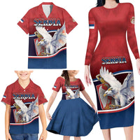 Personalized Serbia Family Matching Long Sleeve Bodycon Dress and Hawaiian Shirt White Double Headed Eagle With Coat Of Arms - Wonder Print Shop