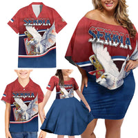 Personalized Serbia Family Matching Off Shoulder Short Dress and Hawaiian Shirt White Double Headed Eagle With Coat Of Arms - Wonder Print Shop